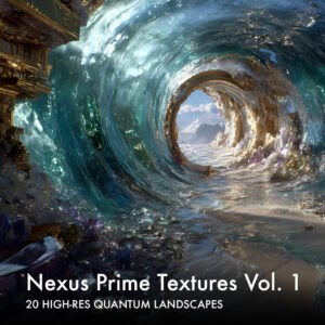 Nexus Prime Vol 1 cover art featuring a surreal golden water tunnel and fractal landscape with text overlay 20 High-Res Quantum Landscapes.